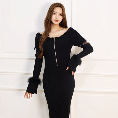 Off shoulder fur sleeve dress